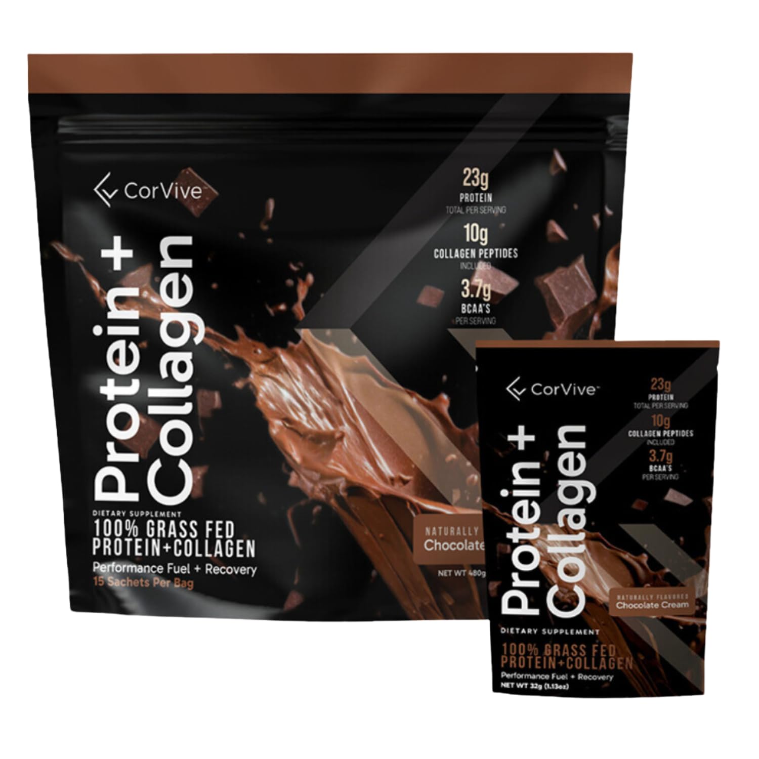 CorVive Protein + Collagen chocolate sachets for easy on-the-go protein boost