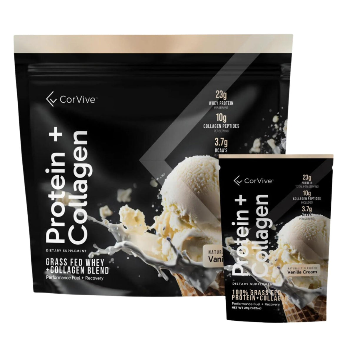 CorVive protein and collagen vanilla sachets for on-the-go protein boost.