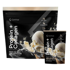 CorVive protein and collagen vanilla sachets for on-the-go protein boost.