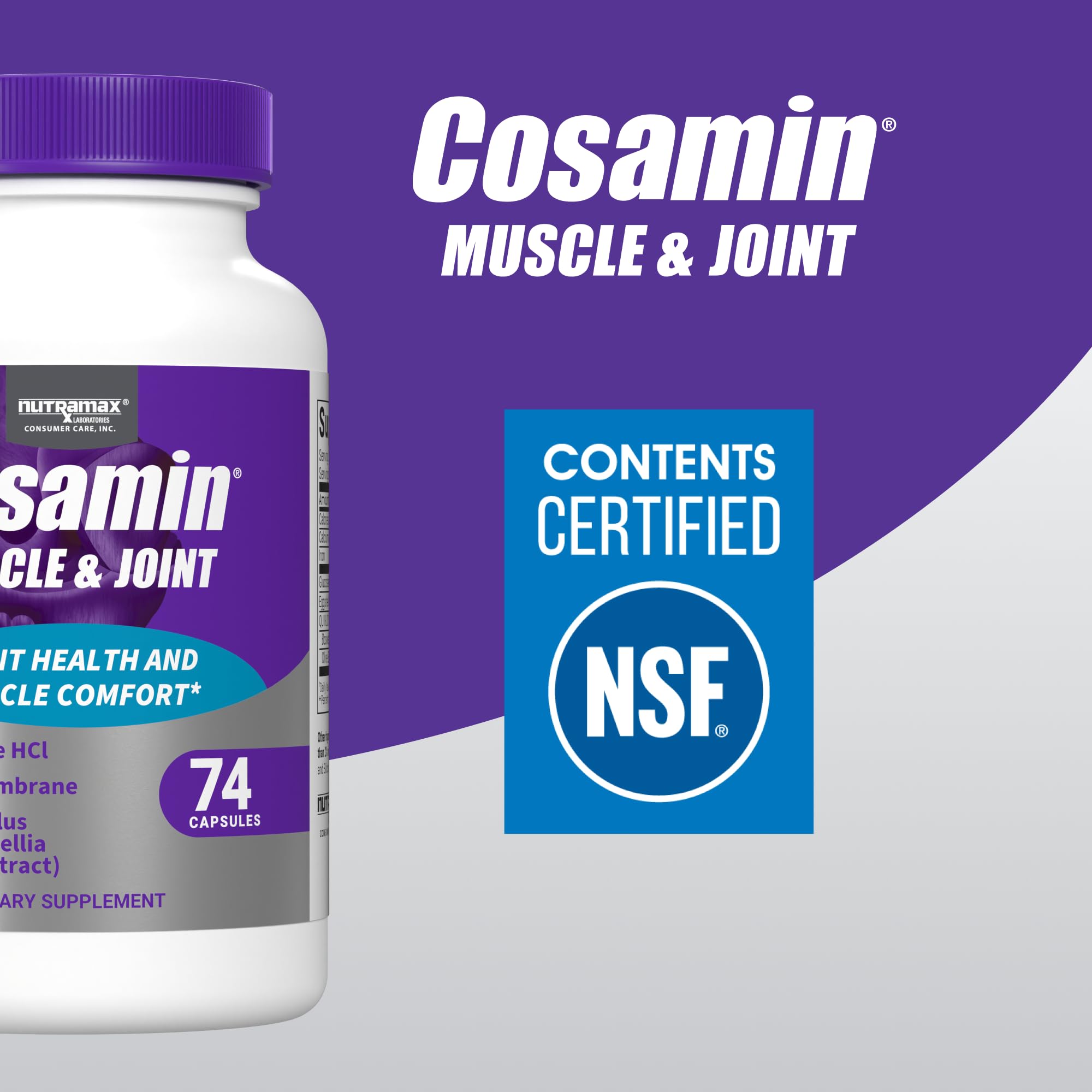 Cosamin Nutramax eggshell-membrane 500mg panel highlighting recovery-friendly formula.
