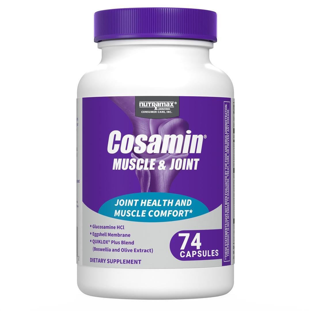 Cosamin Nutramax muscle-joint bottle label showing joint support for active adults.