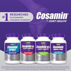 Cosamin Nutramax packaging and dosing info beside a glass of water.