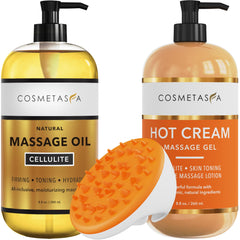 Cosmetasa cellulite massage oil bottle for firming and hydration.