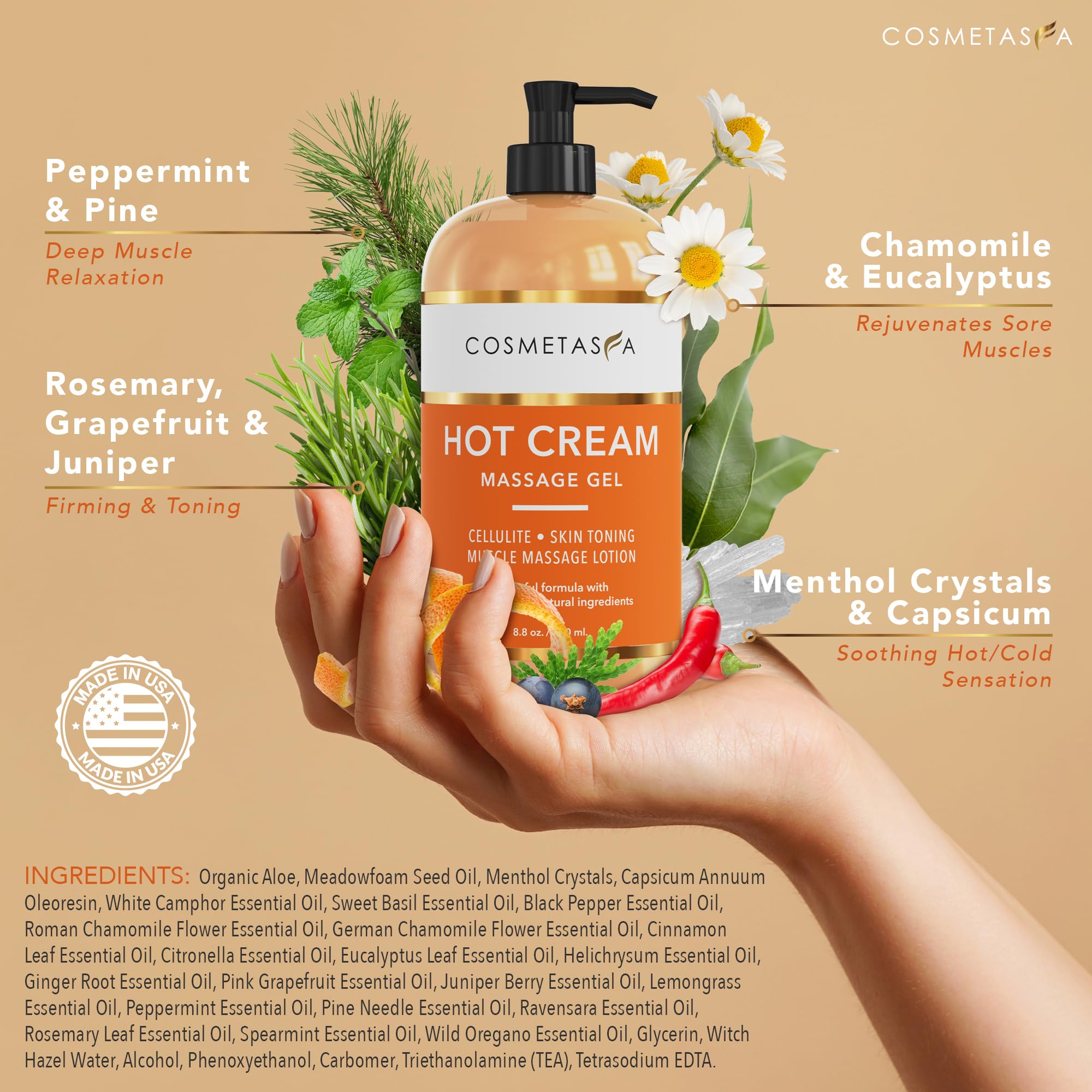 Cosmetasa hot cream massage gel jar for warming therapy and circulation.