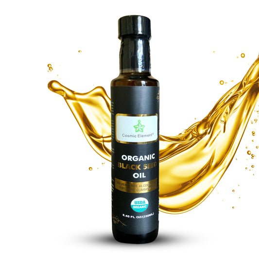 Cosmic Element Black Seed Oil bottle close-up showing pure organic oil for immune support