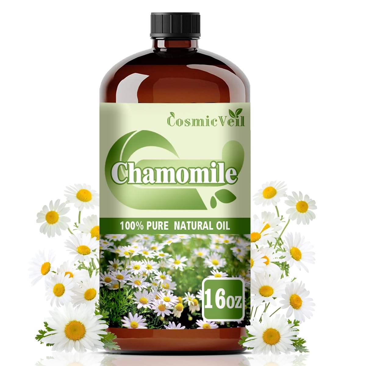 CosmicVeil Chamomile oil in amber bottle for pure diffusion and aroma.