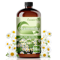CosmicVeil Chamomile oil in amber bottle for pure diffusion and aroma.