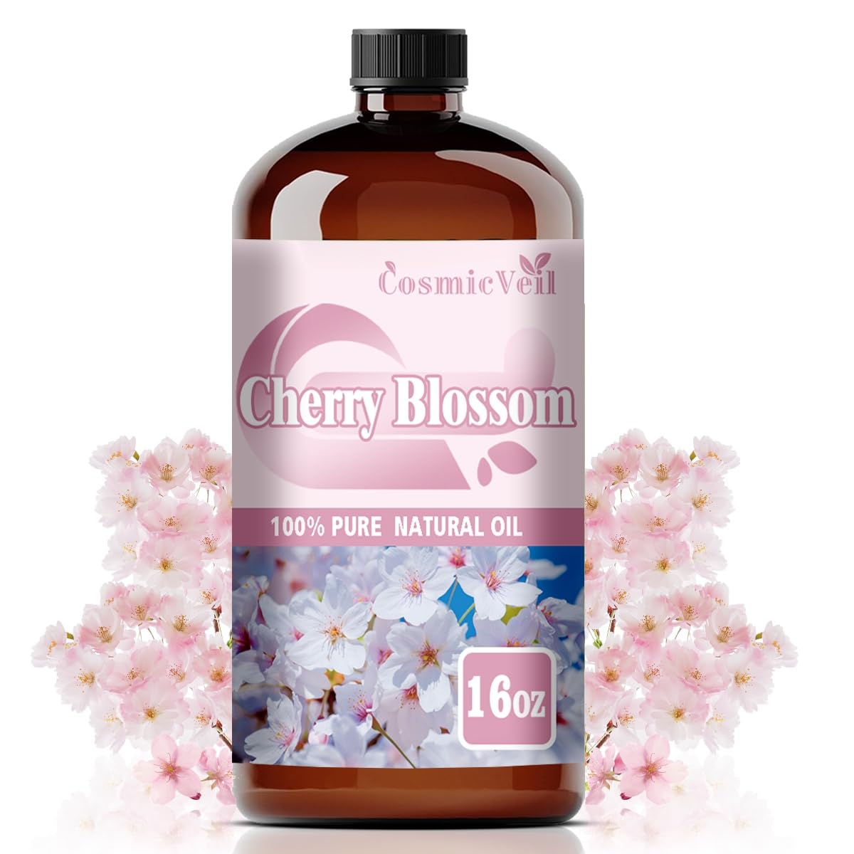 CosmicVeil Cherry Blossom essential oil bottle in amber glass preserving purity.