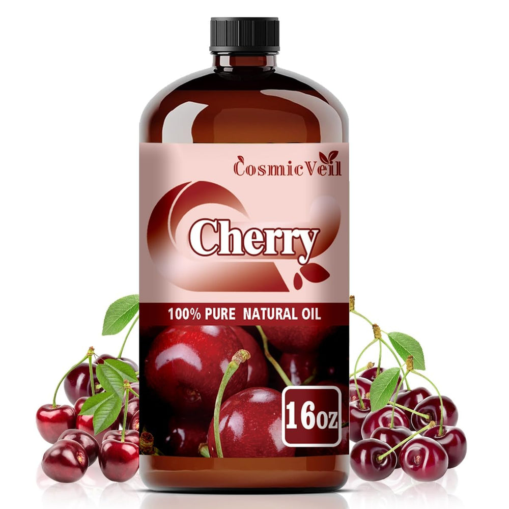 CosmicVeil Cherry essential oil in amber bottle with dropper for mess-free application.
