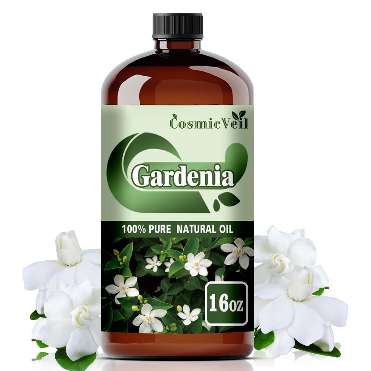 CosmicVeil Gardenia essential oil bottle front view for home fragrance and DIY projects.