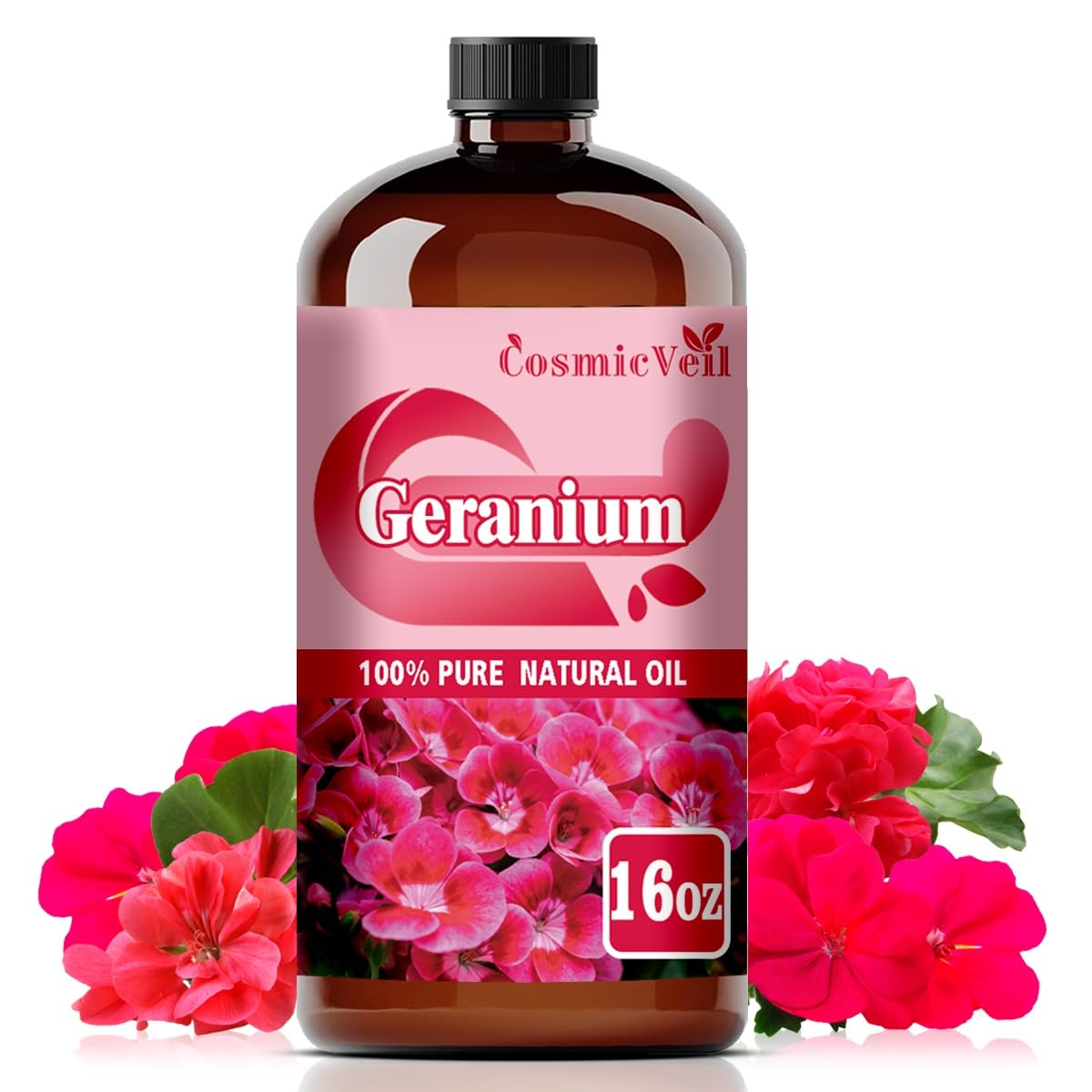 CosmicVeil Geranium essential oil bottle 16oz close-up for diffuser use and fragrance.