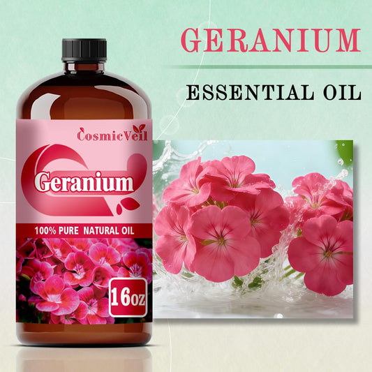 CosmicVeil Geranium amber glass bottle with UV protection preserves pure aroma.