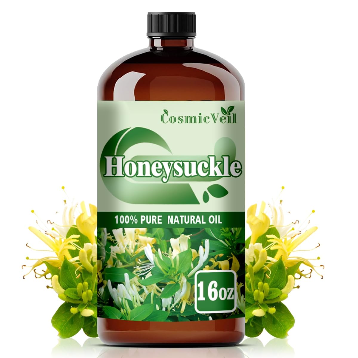 CosmicVeil Honeysuckle essential oil bottle in amber glass protects purity for DIY blends.