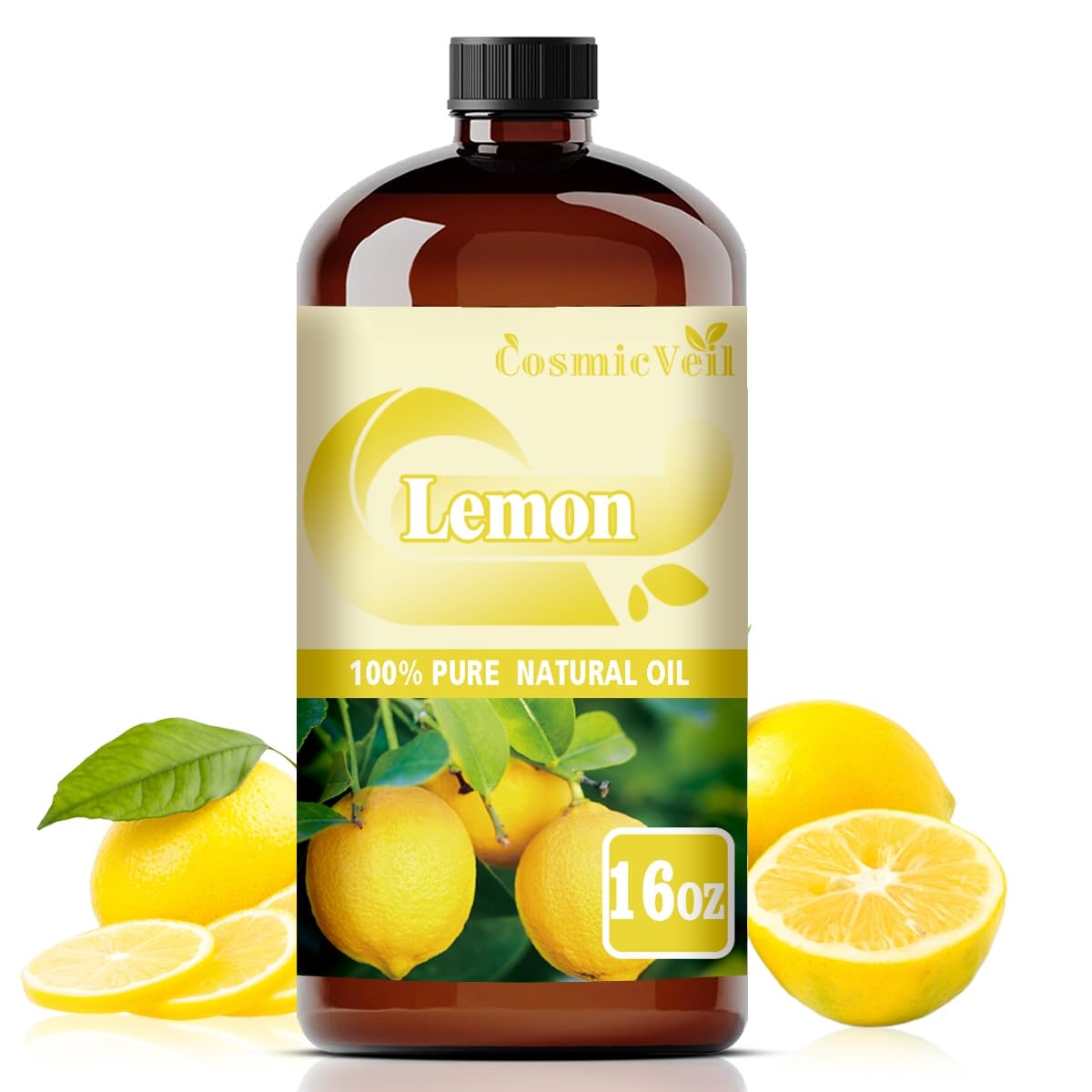 CosmicVeil Lemon oil bottle front view for diffuser use and freshening spaces