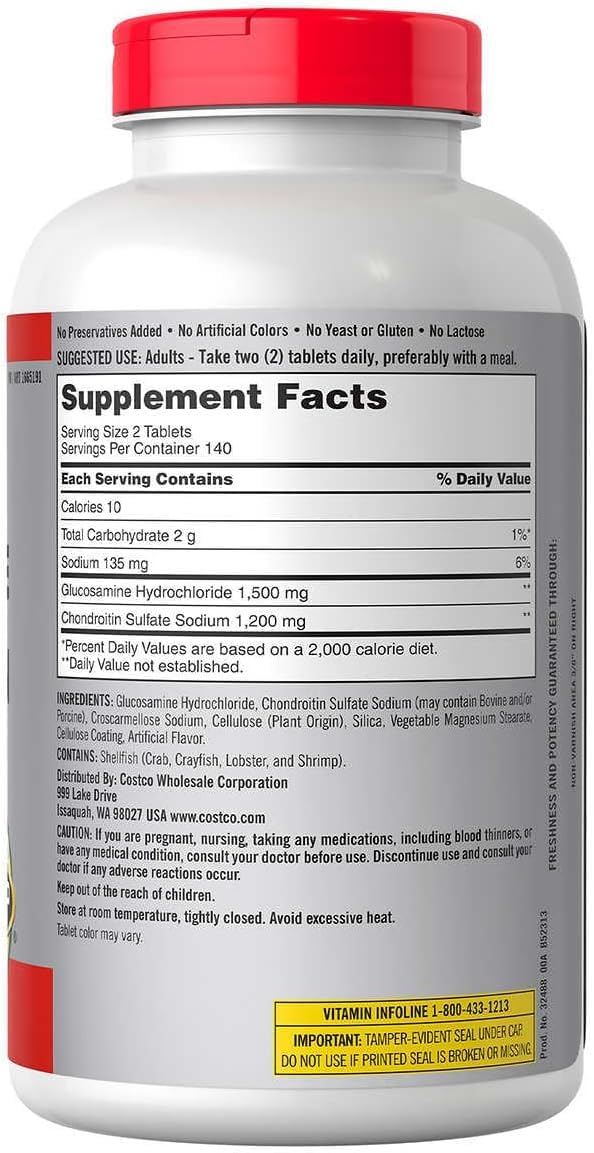 CostCo Kirkland Signature tablets closeup highlights dosage for daily joint support