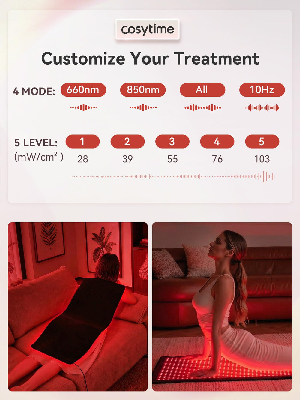 Cosytime 660nm red light mode symbols illustrating surface vitality