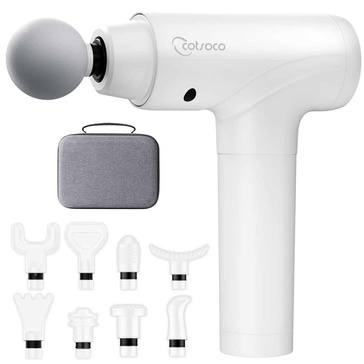 Cotsoco massage gun front view with ergonomic grip for precise relief.