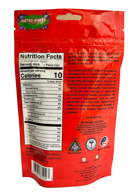 Cotton Mouth Candy Fruit Mix back view highlighting resealable packaging for grab-and-go relief.
