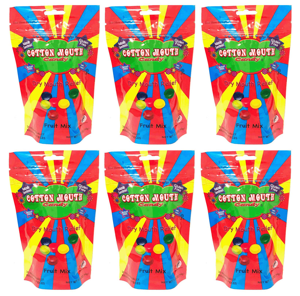 Cotton Mouth Candy Fruit Mix front view of 3.3 oz bags, sugar-free and gluten-free.