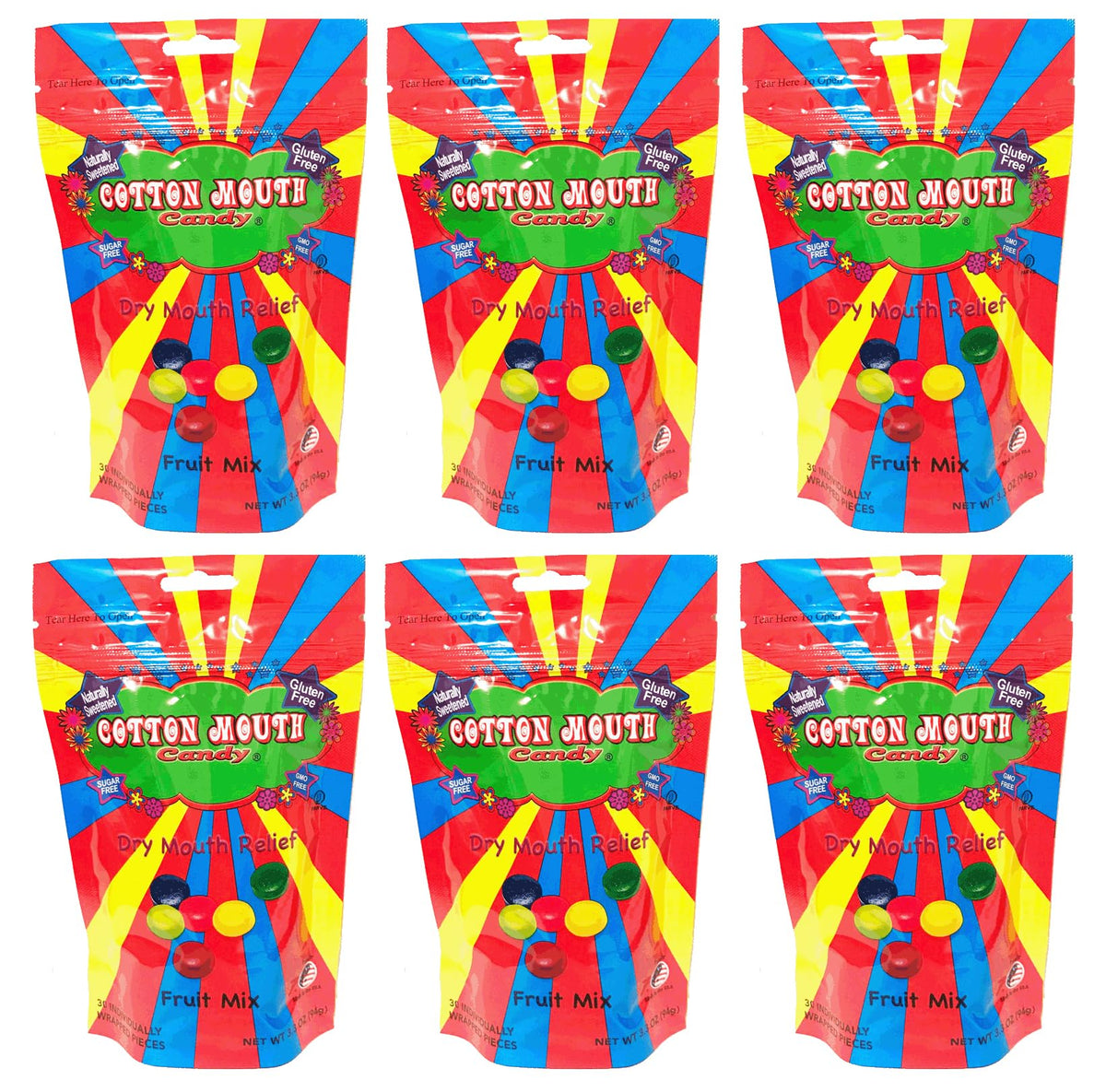 Cotton Mouth Candy Fruit Mix front view of 3.3 oz bags, sugar-free and gluten-free.