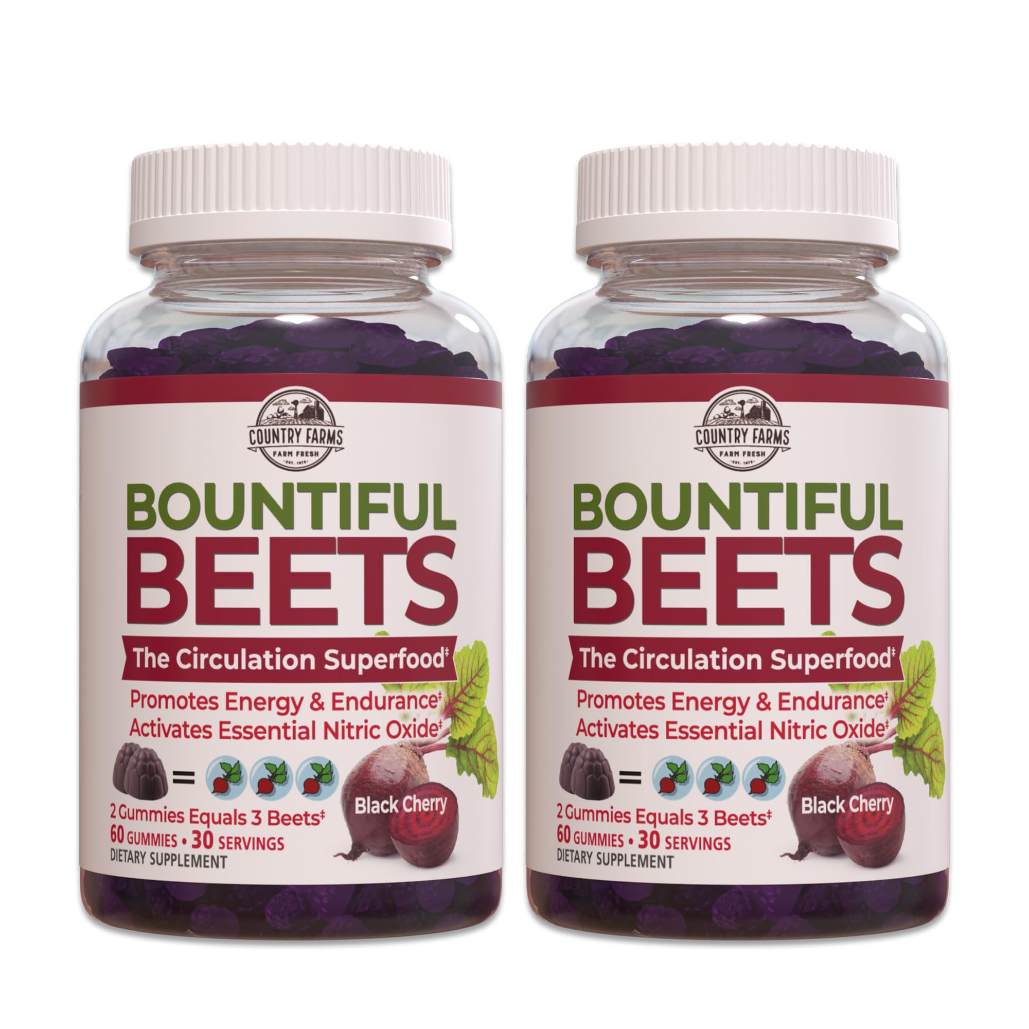 Country Farms Bountiful Beets Gummies bottle showcasing convenient daily boost