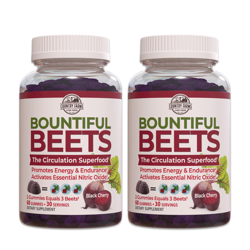 Country Farms Bountiful Beets Gummies bottle showcasing convenient daily boost