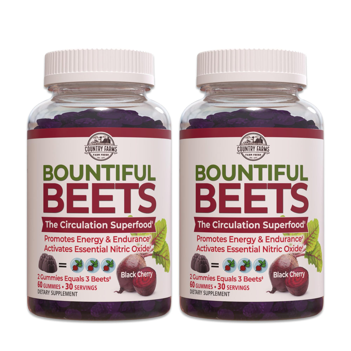 Country Farms Bountiful Beets Gummies bottle showcasing convenient daily boost