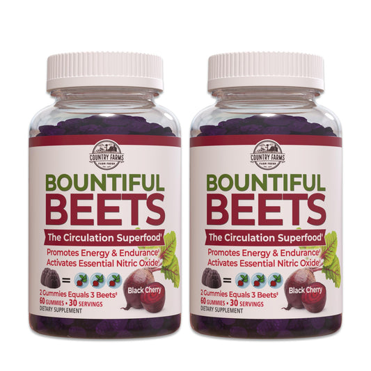 Country Farms Bountiful Beets Gummies bottle showcasing convenient daily boost