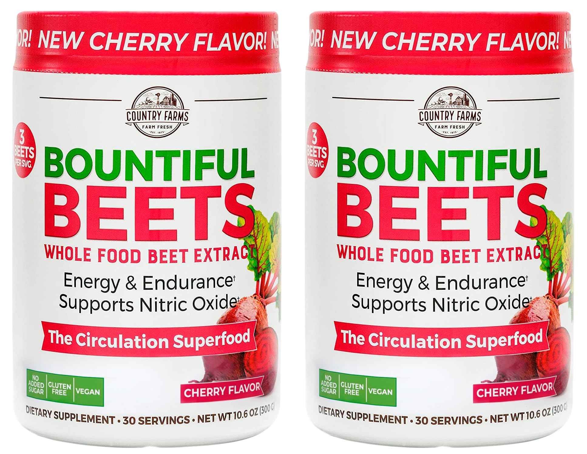 Country Farms Bountiful Beets Powder bottle with cherry flavor for daily circulation support.
