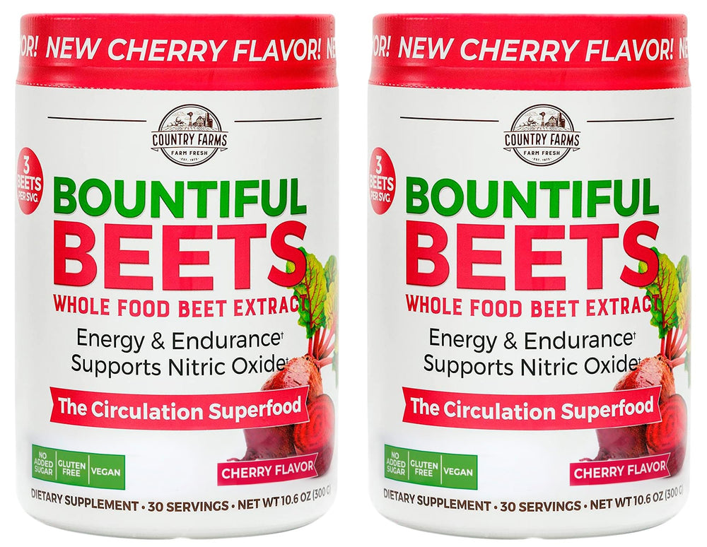 Country Farms Bountiful Beets Powder bottle with cherry flavor for daily circulation support.