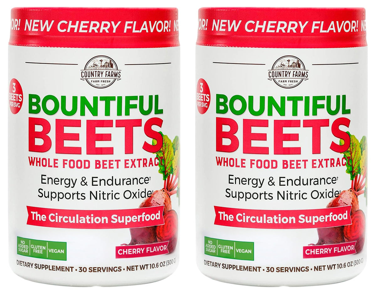 Country Farms Bountiful Beets Powder bottle with cherry flavor for daily circulation support.