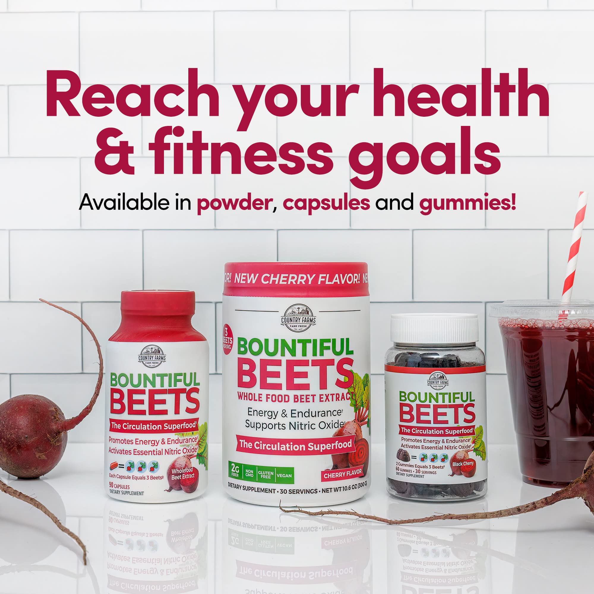 Country Farms Bountiful Beets Powder label close-up shows wholefood beet extract.