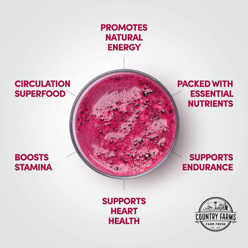 Country Farms Bountiful Beets Powder mixed with water shows a cherry beet drink.