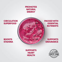 Country Farms Bountiful Beets Powder mixed with water shows a cherry beet drink.