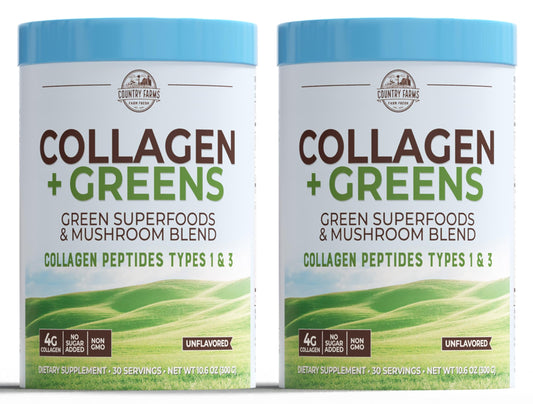 Country Farms Collagen + Greens tub label highlights collagen and greens for joint support and skin vitality.