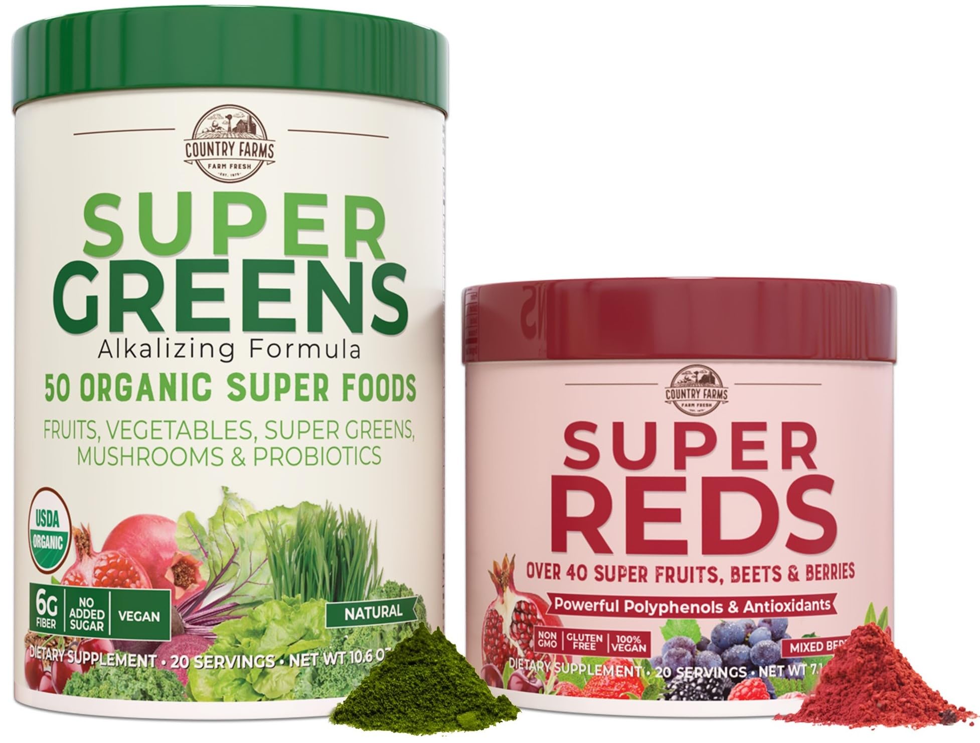 Country Farms Essential Pack Super Greens bottle showing greens blend for natural energy.