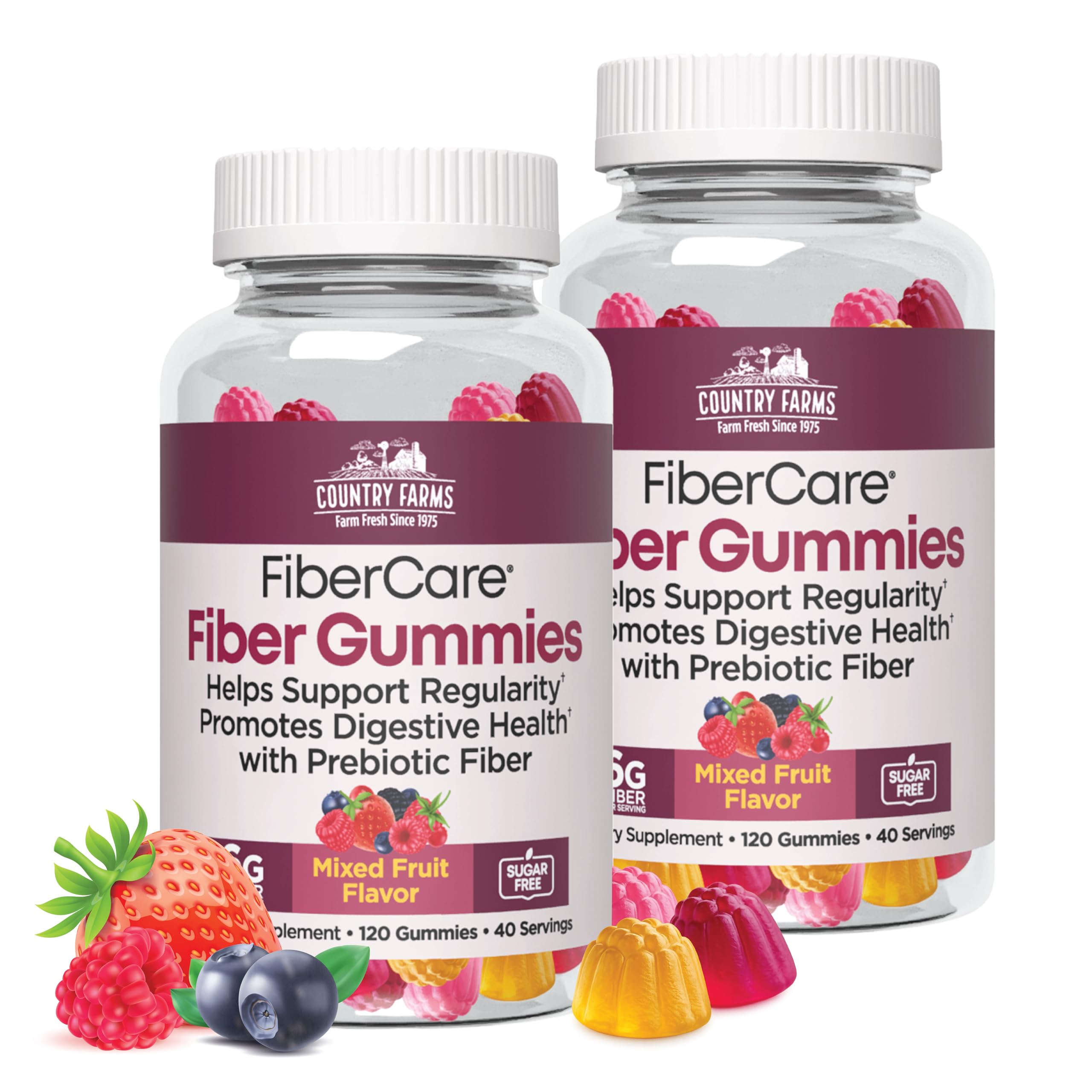Country Farms Fiber Care gummies bottle front highlighting convenient daily fiber support