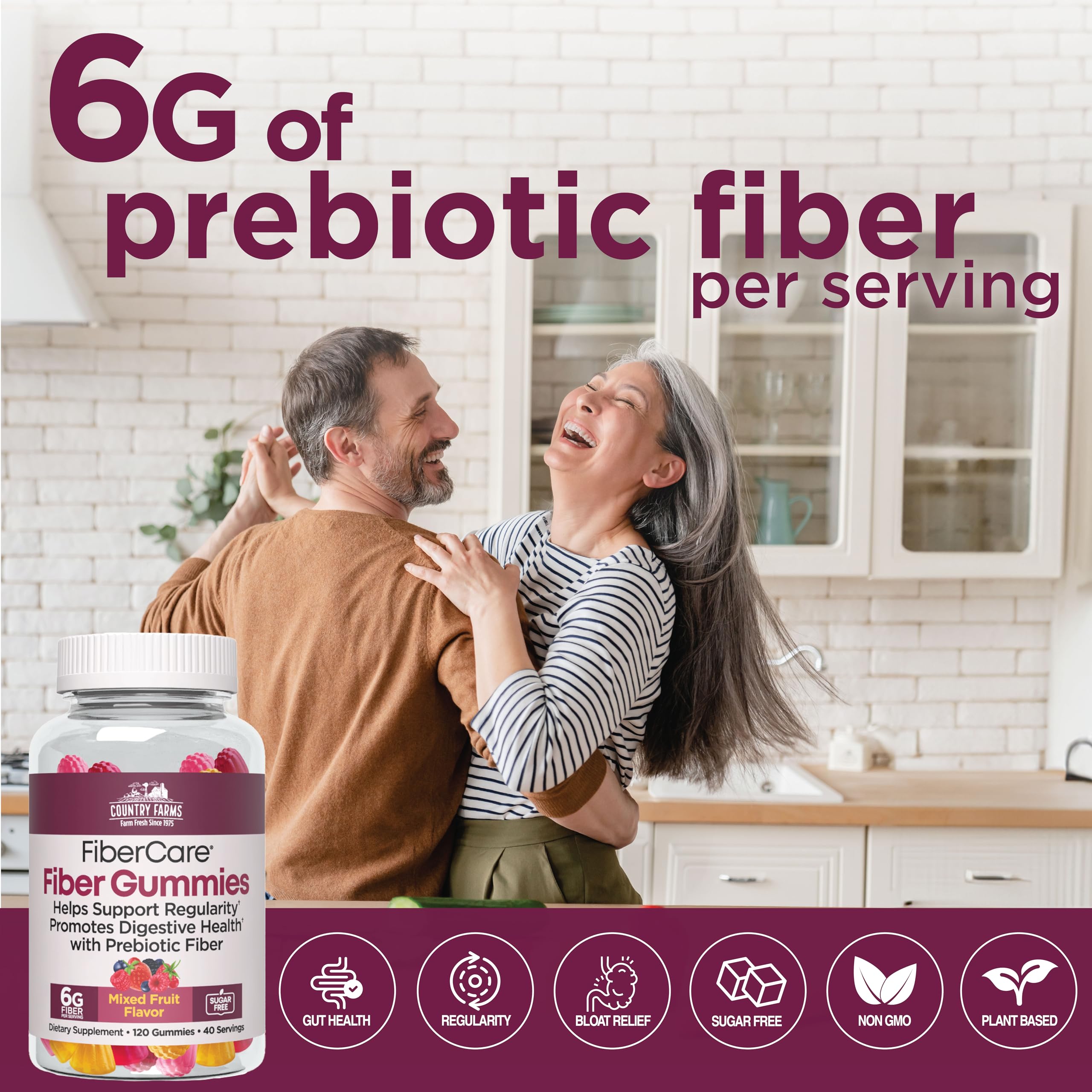 Country Farms nutrition panel shows 6g fiber per serving from FOS