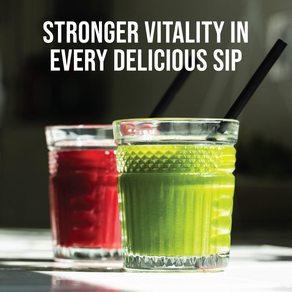 Glass of prepared greens and reds drink from Country Farms for daily vitality.