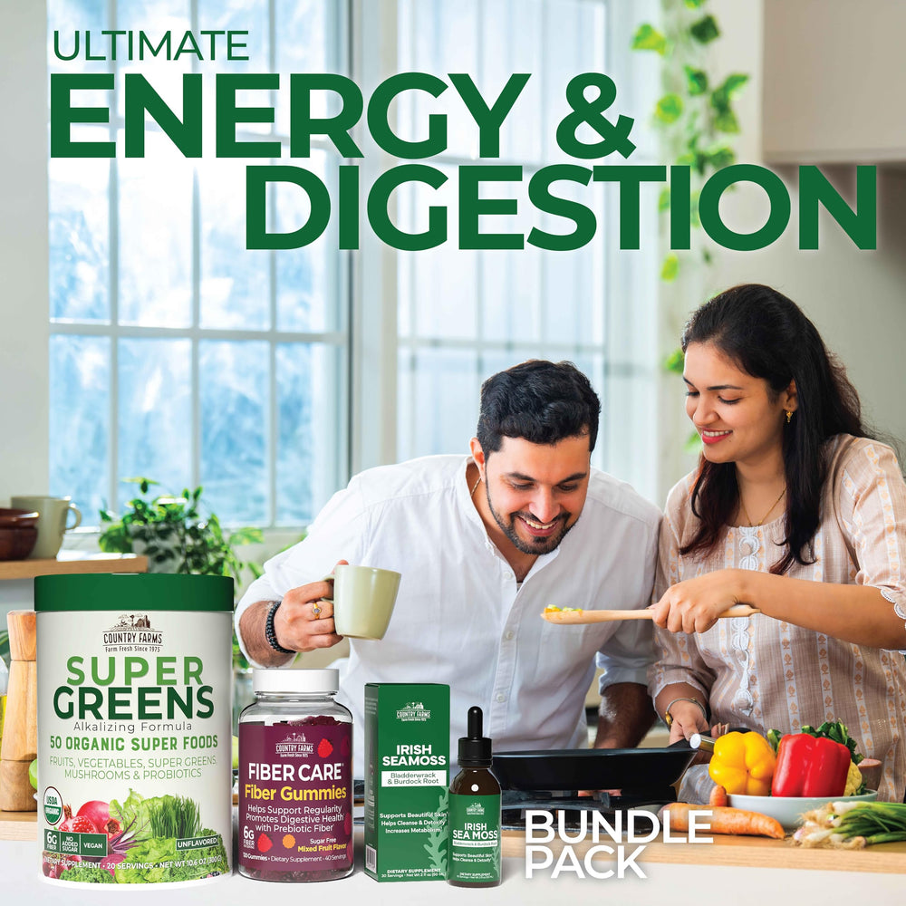 Country Farms gummies and greens duo showcased on a kitchen counter.