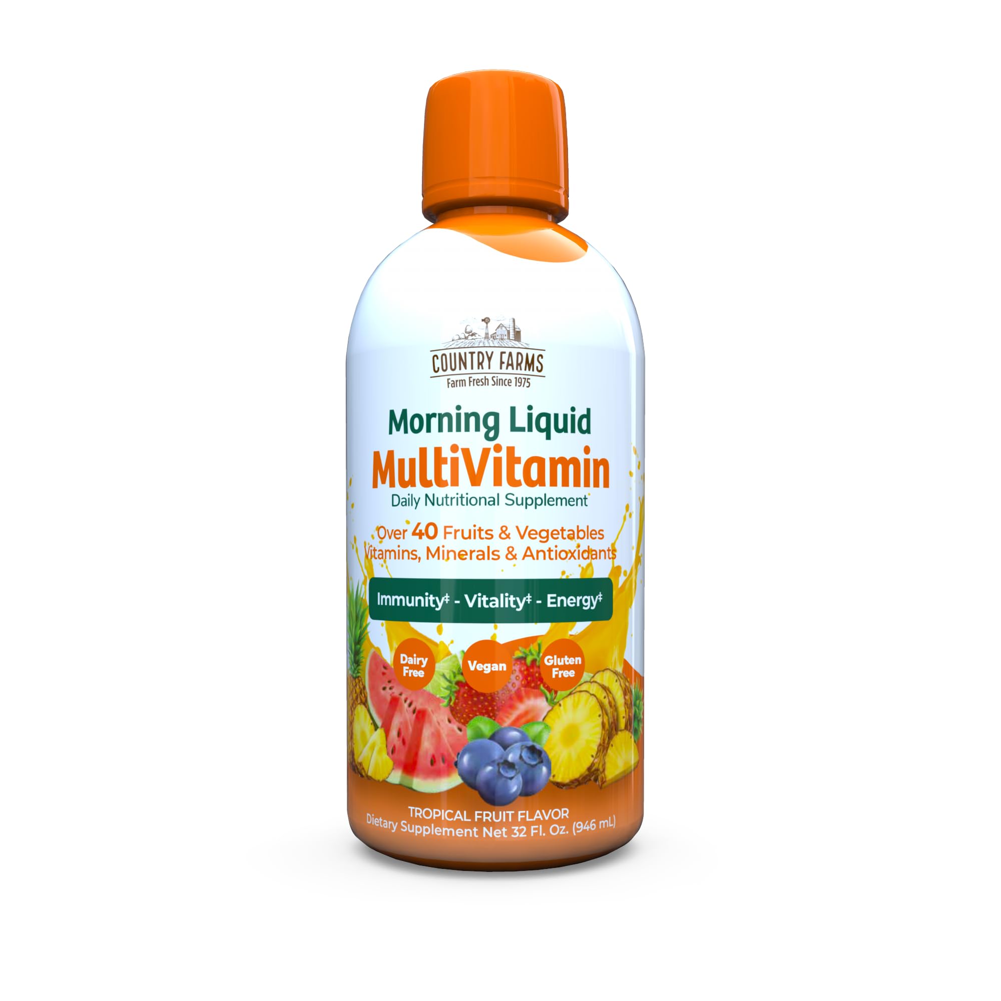 Country Farms Morning Liquid Multivitamin bottle on kitchen counter for daily wellness support.