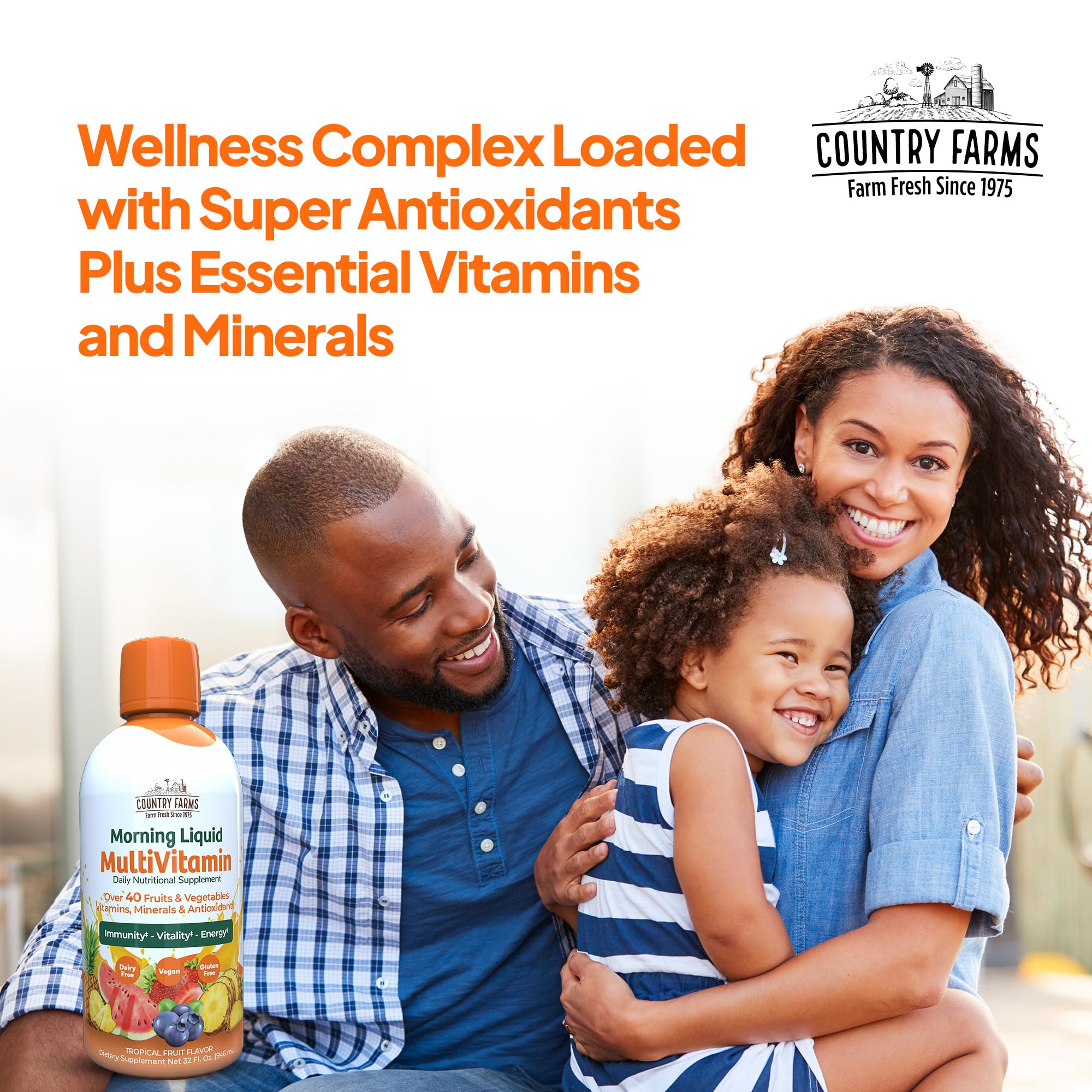 Country Farms Morning Liquid Multivitamin packaging emphasizing vegan and gluten-free features.
