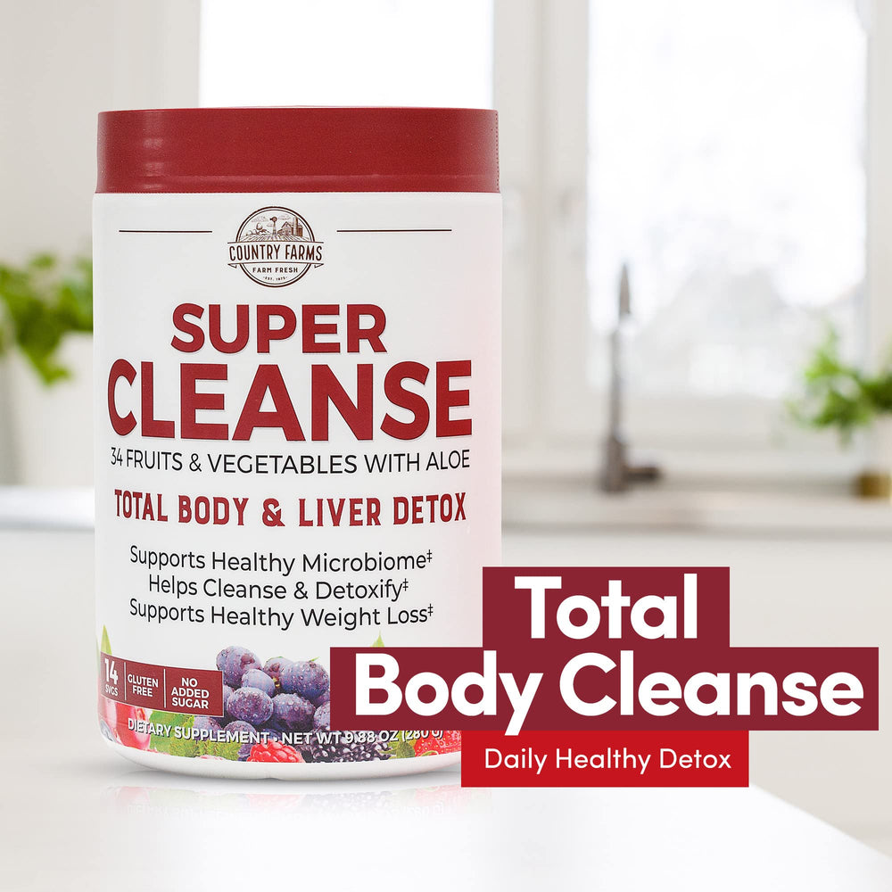 Country Farms Super Cleanse measuring scoop resting on the counter.