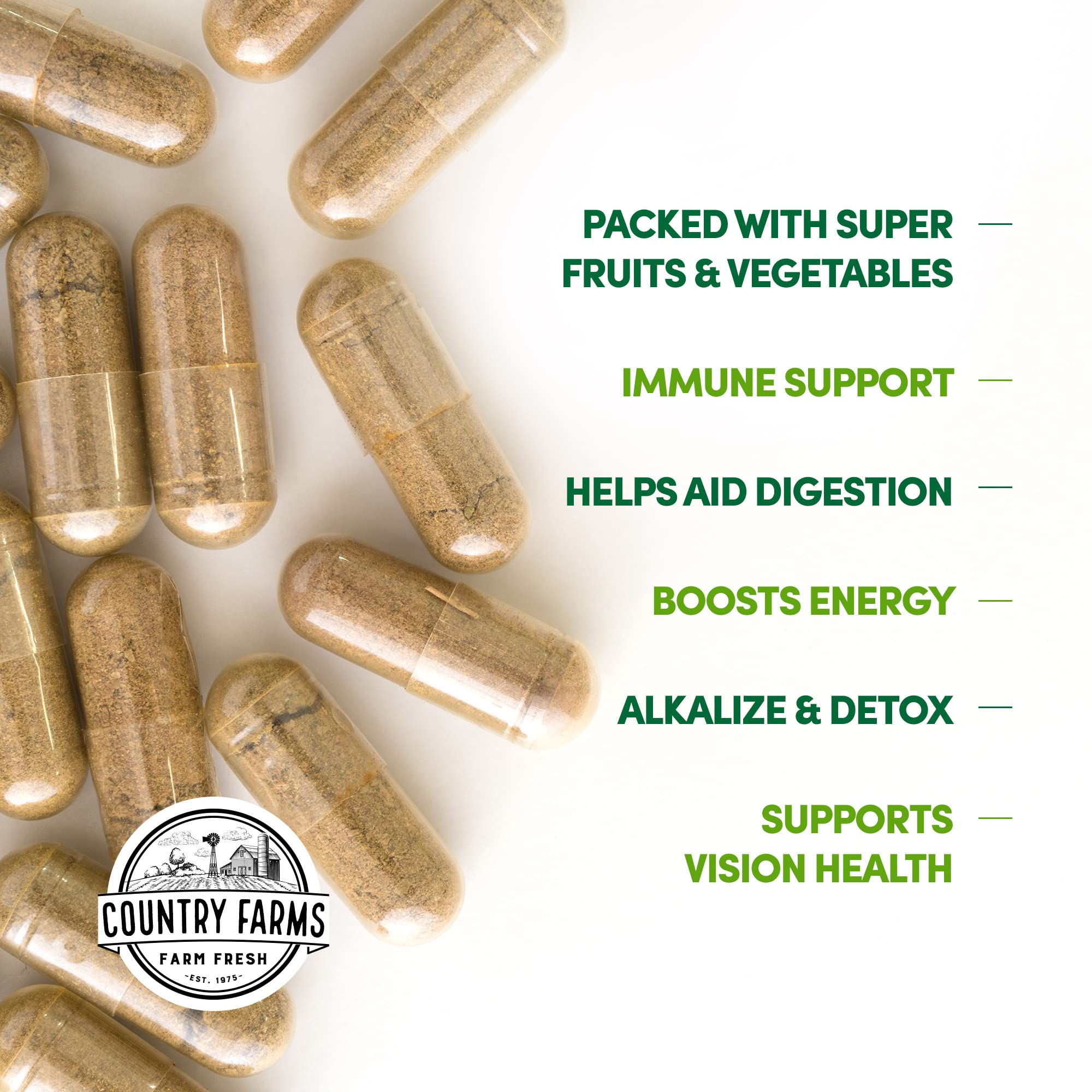 Country Farms Super Fruits and Veggies front label emphasizes 30 super foods for balanced nutrition.