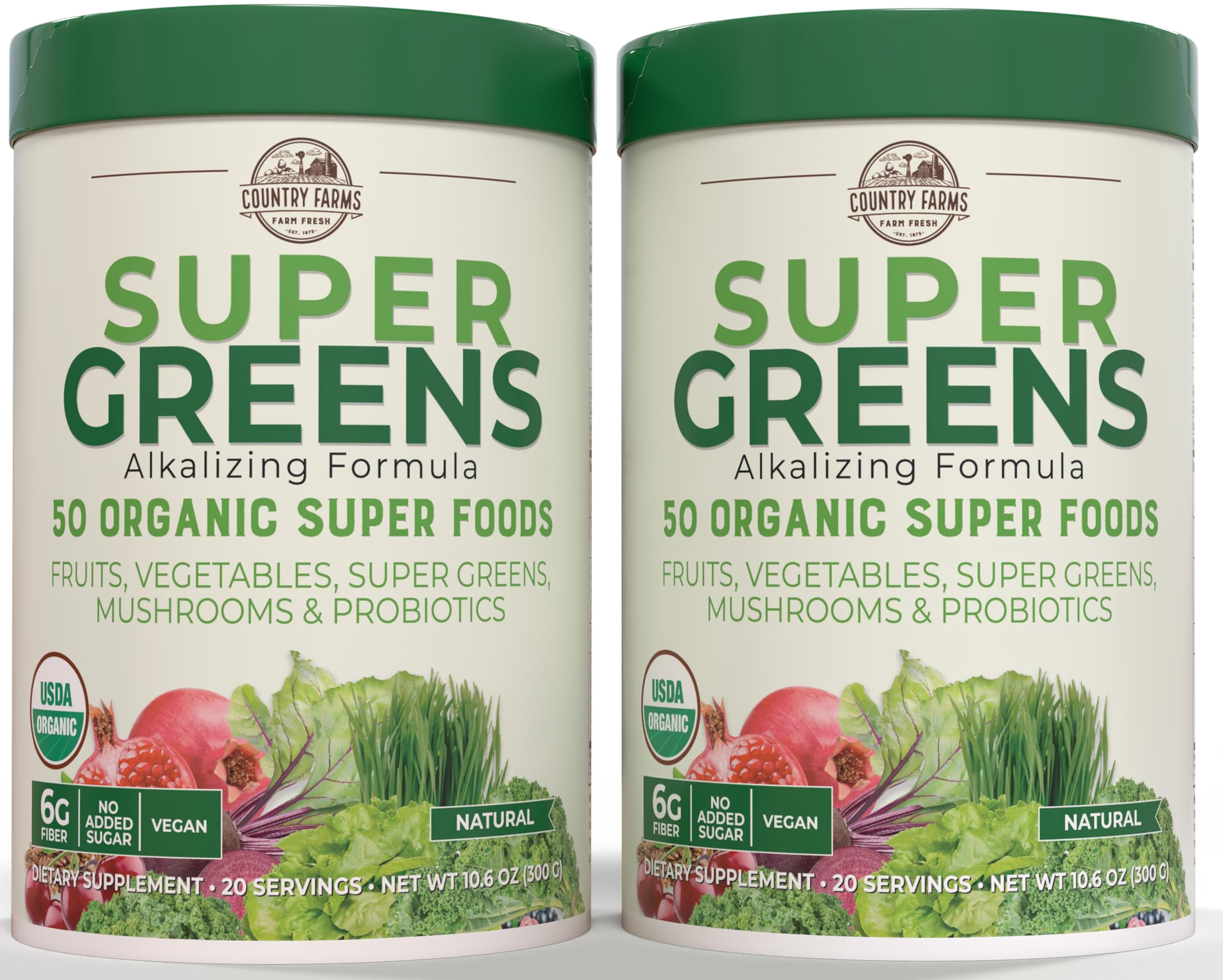 Country Farms Super Greens bottle label with USDA Organic seal and vibrant ingredients.