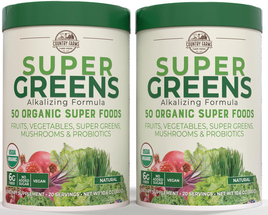 Country Farms Super Greens bottle label with USDA Organic seal and vibrant ingredients.
