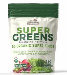 Country Farms Super Greens fruits-vegetables-grasses blend delivers balanced daily nutrition.