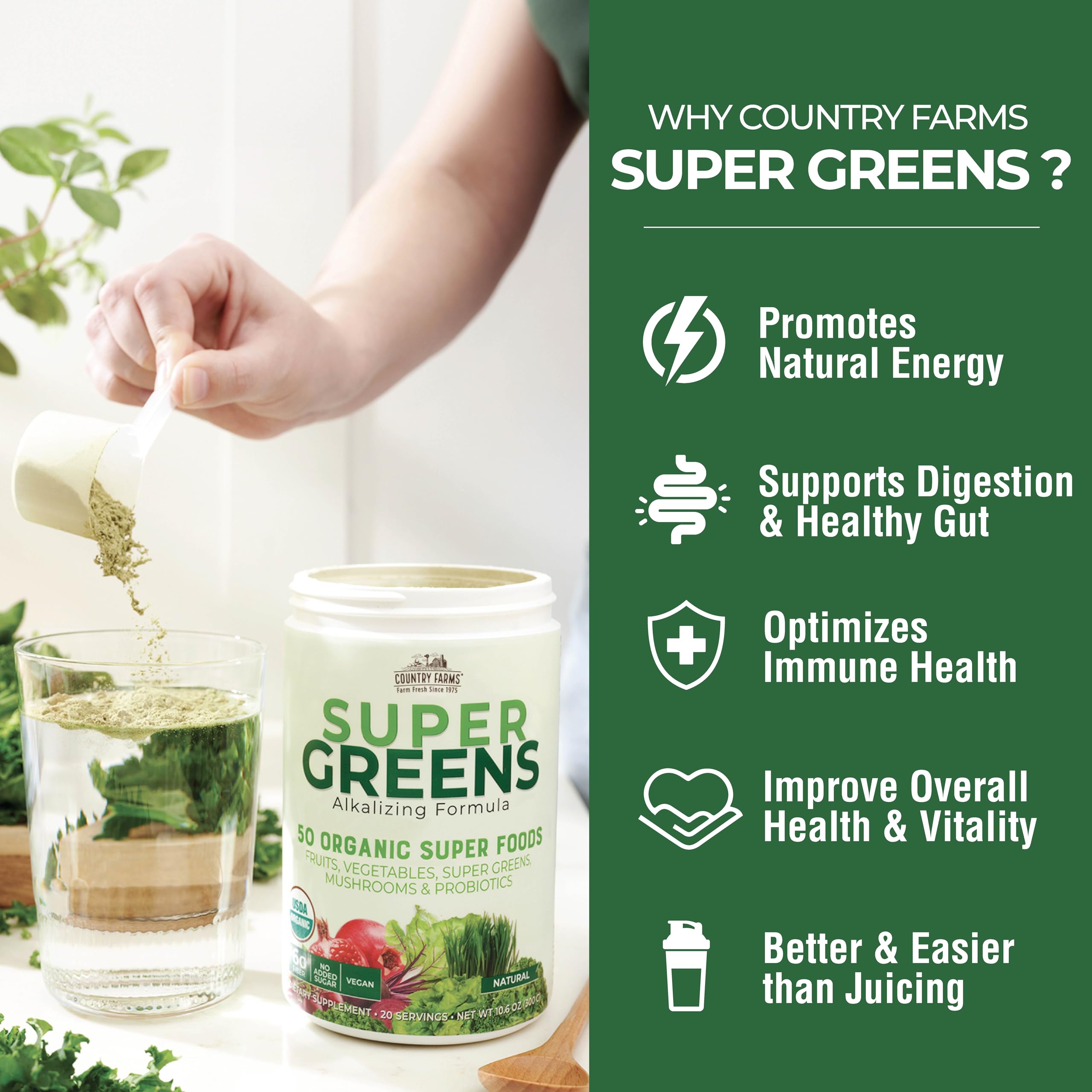 Country Farms Super Greens immune-support blend with antioxidants for everyday wellness.