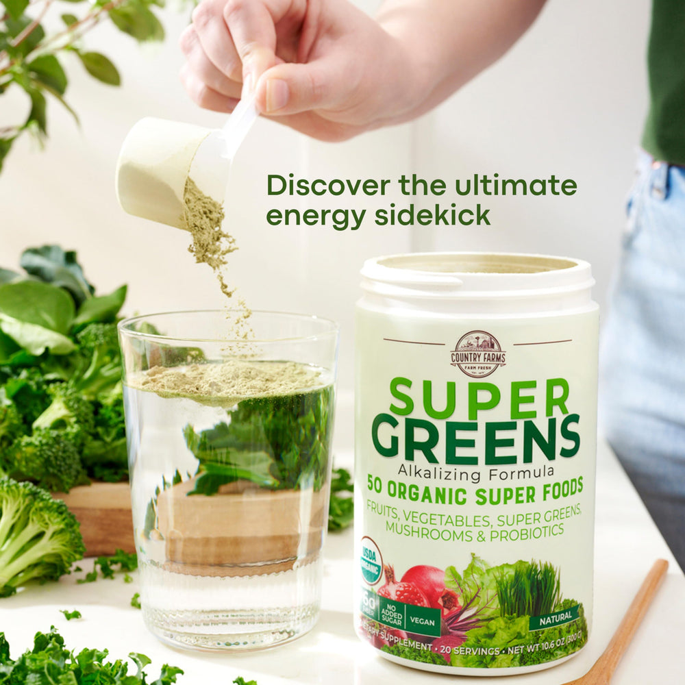 Country Farms Super Greens ingredient list highlighting 50 organic components.