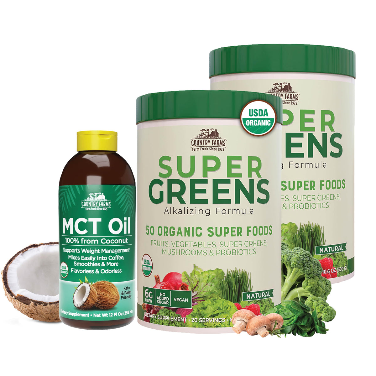 Country Farms Super Greens bottle front promotes natural energy support for daily activities.